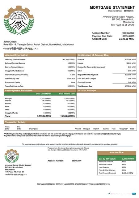 Mauritania Banque Nationale de Mauritanie (BNM) mortgage statement Word and PDF template